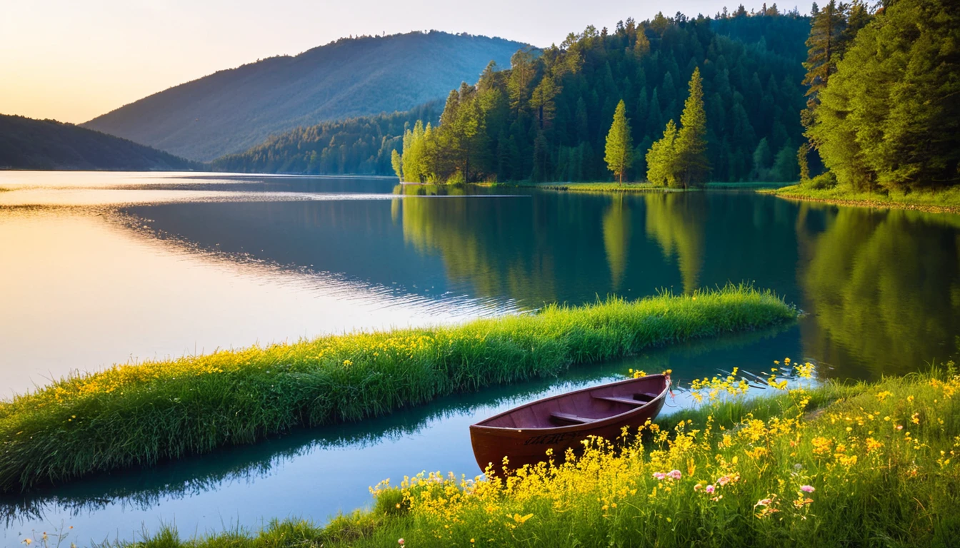 sight, nature, sky, outdoors, water, tree, grass, lake, flower, boat, sunlight, transport mode of transport, reflect, solo, river, female, forest, sunset, legendary scenery