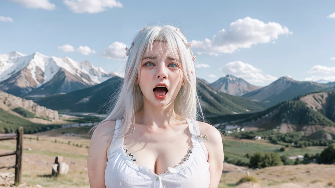 Beautiful Girl, Beautiful, Baby Face, 30 Years Old, White Skin, Big Breasts, ((Coatumes)), Pastel Colors, Green Eyes, Mountain valley background, Masterpiece, ((White hair)), Sleeveless, Front Fancing, ( (Portrait:1.1 )), ((Tear:1.2)), 2 open shirt buttons, v-shaped chest. ((cowboy shot from front)), ((she Screaming loudly in fear)).