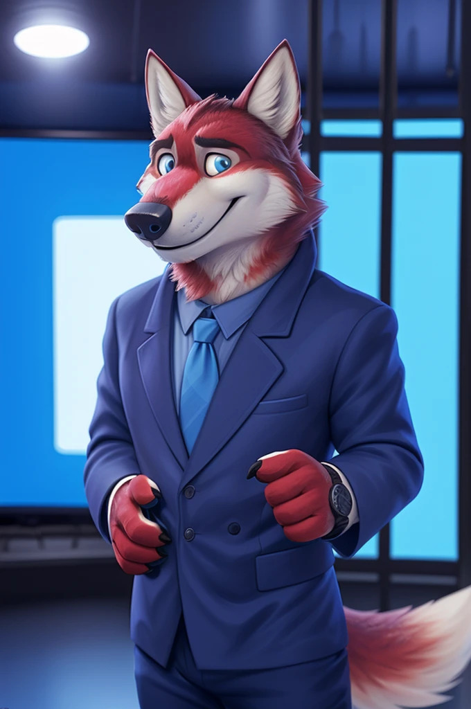 Ivan Fedorovich Wolfbach (Novosibirsk) ,tall handsome, wolf,young, 24 years, brown fur,Kind,(red body:1.3),beautiful blue eyes,Novosibirsk,dressed, Blue jacket, shirt, tie, blue pants, wolf, detailed fur, male,paw pads, finger claws,At the viewer, 5 fingers, paws, 5 fingers, smile, wrist watch, т nextel,by xenoforge, (difficult, high detail, digital photography, soft focus, RAW variety близко к камере, variety,Novosibirsk, smile, good mood, positive, Very close to the camera,presenter Moscow, TV channel Russia 1,lead photorealism, realistic, digital style, Subsurface scattering,looks at the squares, News studio, a good mood, funny, super
masterpiece, Best quality, ultra realistic, 8 thousand.)