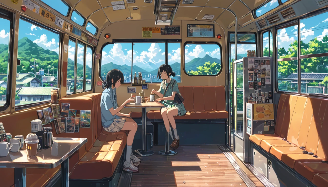 ((anime:1.4,illustration)),(masterpiece, top quality, best quality),(ultra-detailed, absolutely resolution),((16k, high res)), (((cafe in side of bus))), ((anime:1.4,illustration)),(masterpiece, top quality, best quality),(ultra-detailed, absolutely resolution),((16k, high res)). BREAK {lofi art, style of Laurie Greasley, style of Makoto Shinkai, anime aesthetic}, BREAK { (produces images with information than 40 million pixels with cinematic-like detailed textures shot on a Sony SLR).}