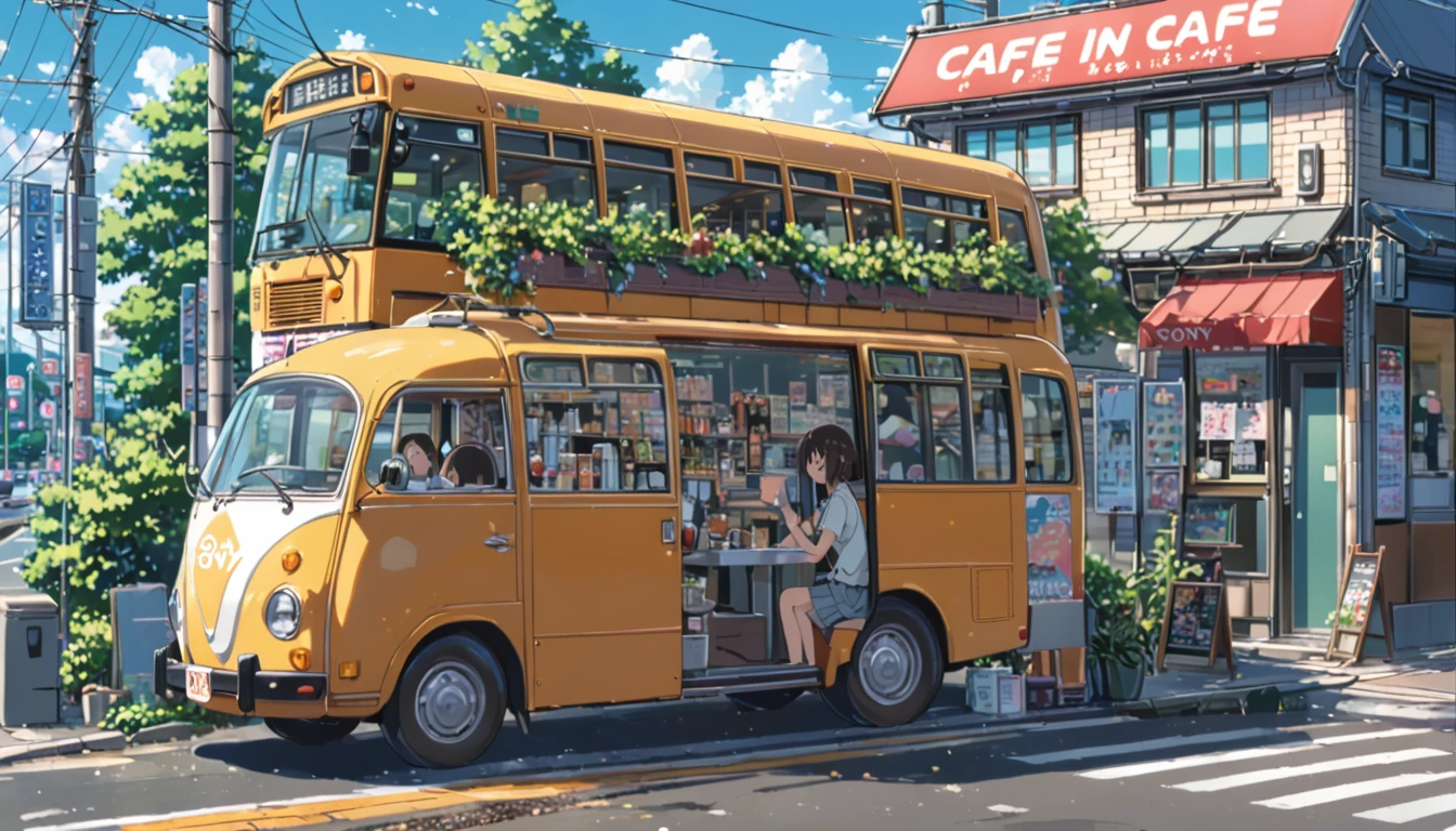((anime:1.4,illustration)),(masterpiece, top quality, best quality),(ultra-detailed, absolutely resolution),((16k, high res)), (((cafe in side of bus))), ((anime:1.4,illustration)),(masterpiece, top quality, best quality),(ultra-detailed, absolutely resolution),((16k, high res)). BREAK {lofi art, style of Laurie Greasley, style of Makoto Shinkai, anime aesthetic}, BREAK { (produces images with information than 40 million pixels with cinematic-like detailed textures shot on a Sony SLR).}