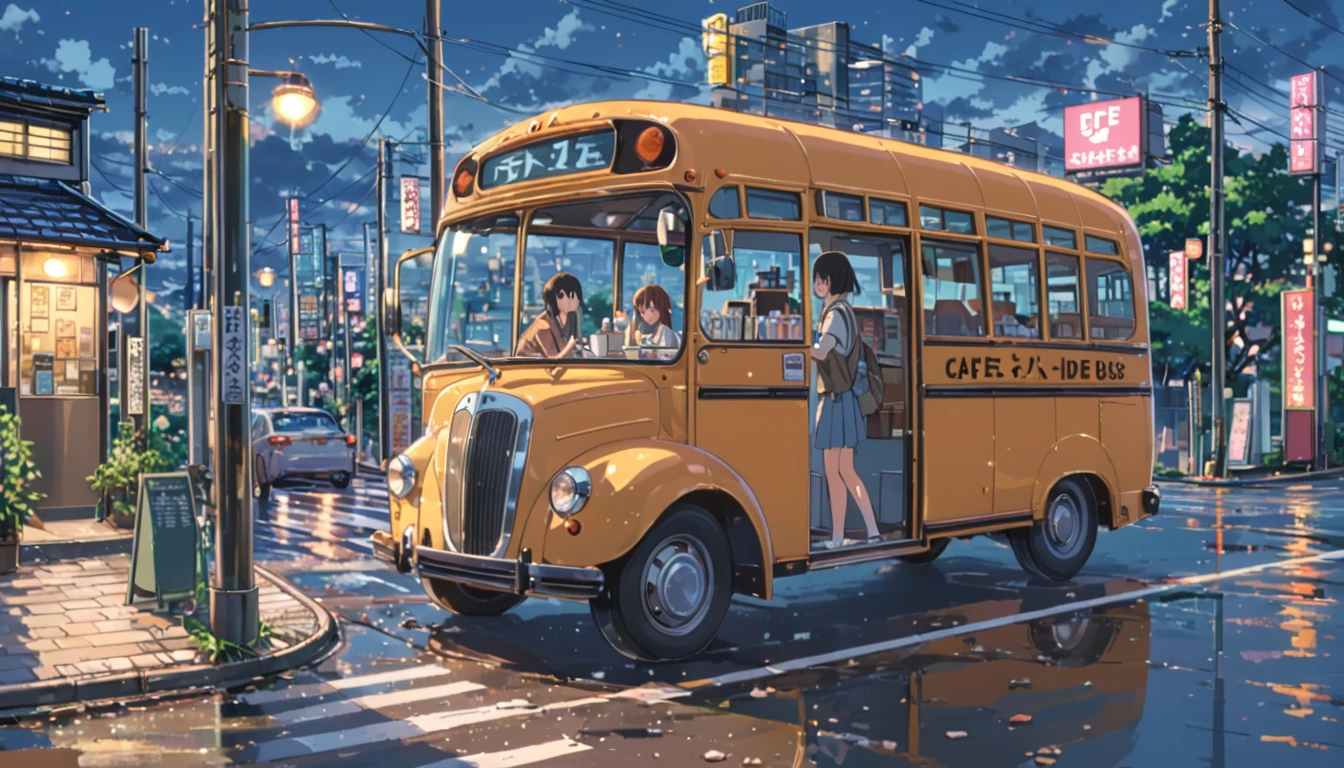 ((anime:1.4,illustration)),(masterpiece, top quality, best quality),(ultra-detailed, absolutely resolution),((16k, high res)), (((cafe in side of bus))), ((anime:1.4,illustration)),(masterpiece, top quality, best quality),(ultra-detailed, absolutely resolution),((16k, high res)). BREAK {lofi art, style of Laurie Greasley, style of Makoto Shinkai, anime aesthetic}, BREAK { (produces images with information than 40 million pixels with cinematic-like detailed textures shot on a Sony SLR).}