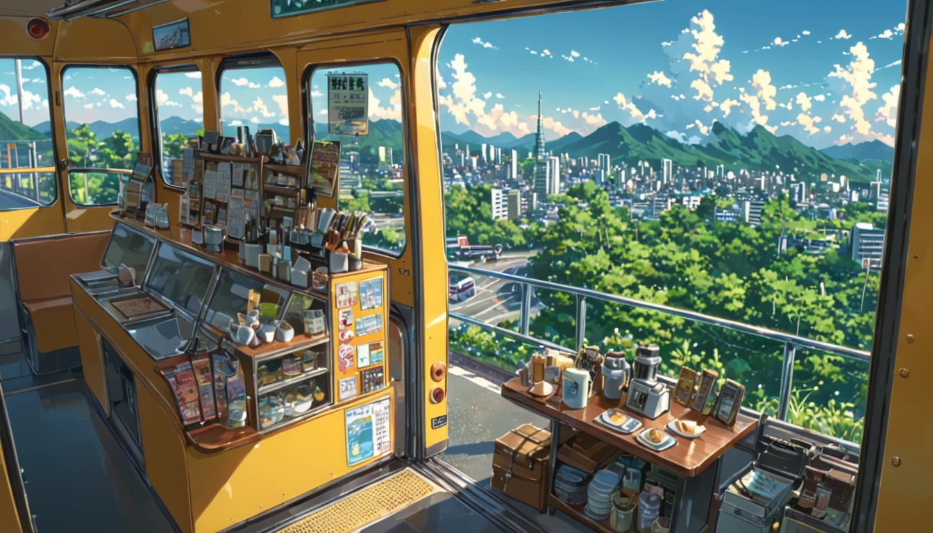 ((anime:1.4,illustration)),(masterpiece, top quality, best quality),(ultra-detailed, absolutely resolution),((16k, high res)), (((cafe in side of bus))), ((anime:1.4,illustration)),(masterpiece, top quality, best quality),(ultra-detailed, absolutely resolution),((16k, high res)). BREAK {lofi art, style of Laurie Greasley, style of Makoto Shinkai, anime aesthetic}, BREAK { (produces images with information than 40 million pixels with cinematic-like detailed textures shot on a Sony SLR).}