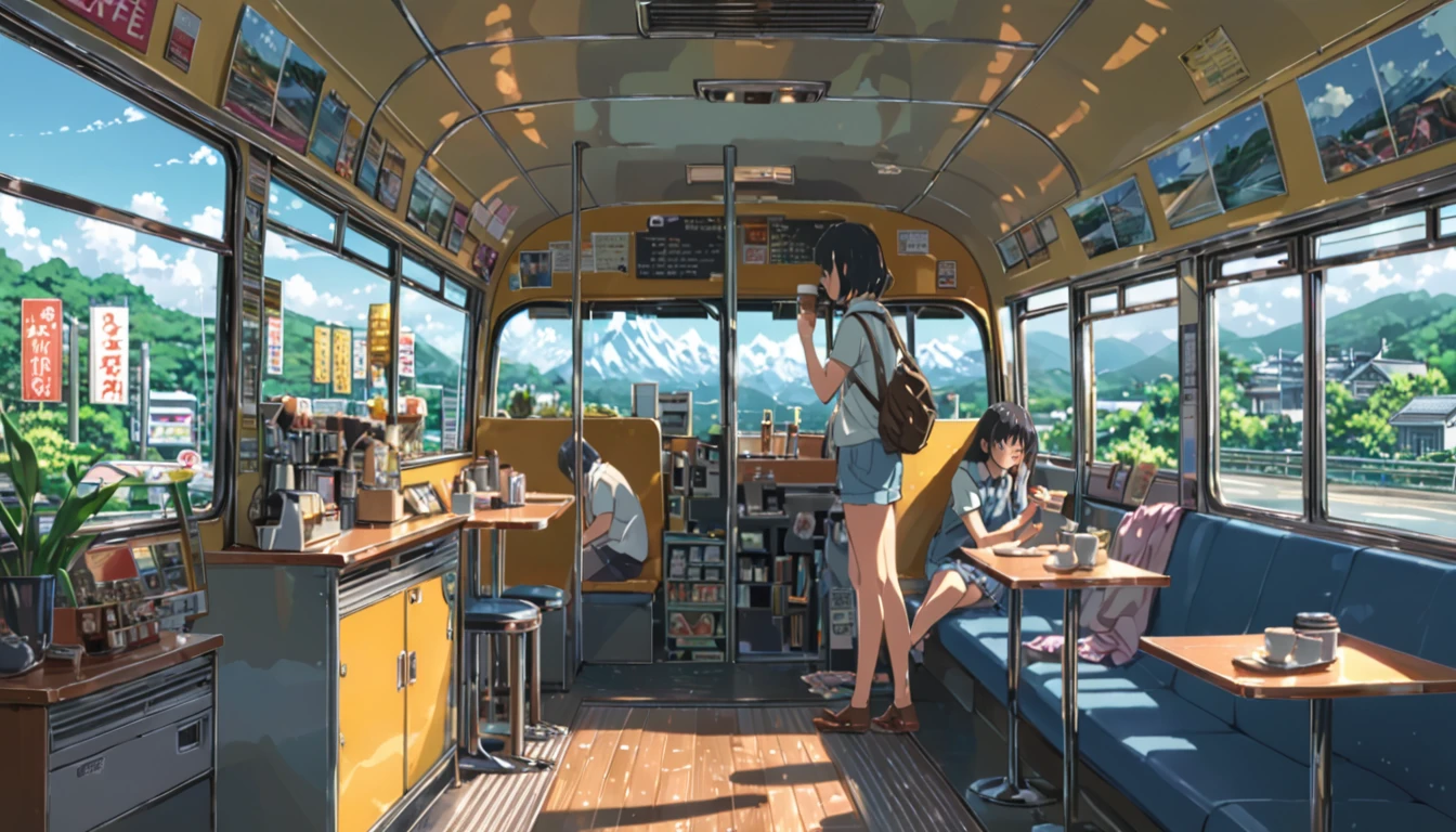 ((anime:1.4,illustration)),(masterpiece, top quality, best quality),(ultra-detailed, absolutely resolution),((16k, high res)), (((cafe in side of bus))), ((anime:1.4,illustration)),(masterpiece, top quality, best quality),(ultra-detailed, absolutely resolution),((16k, high res)). BREAK {lofi art, style of Laurie Greasley, style of Makoto Shinkai, anime aesthetic}, BREAK { (produces images with information than 40 million pixels with cinematic-like detailed textures shot on a Sony SLR).}