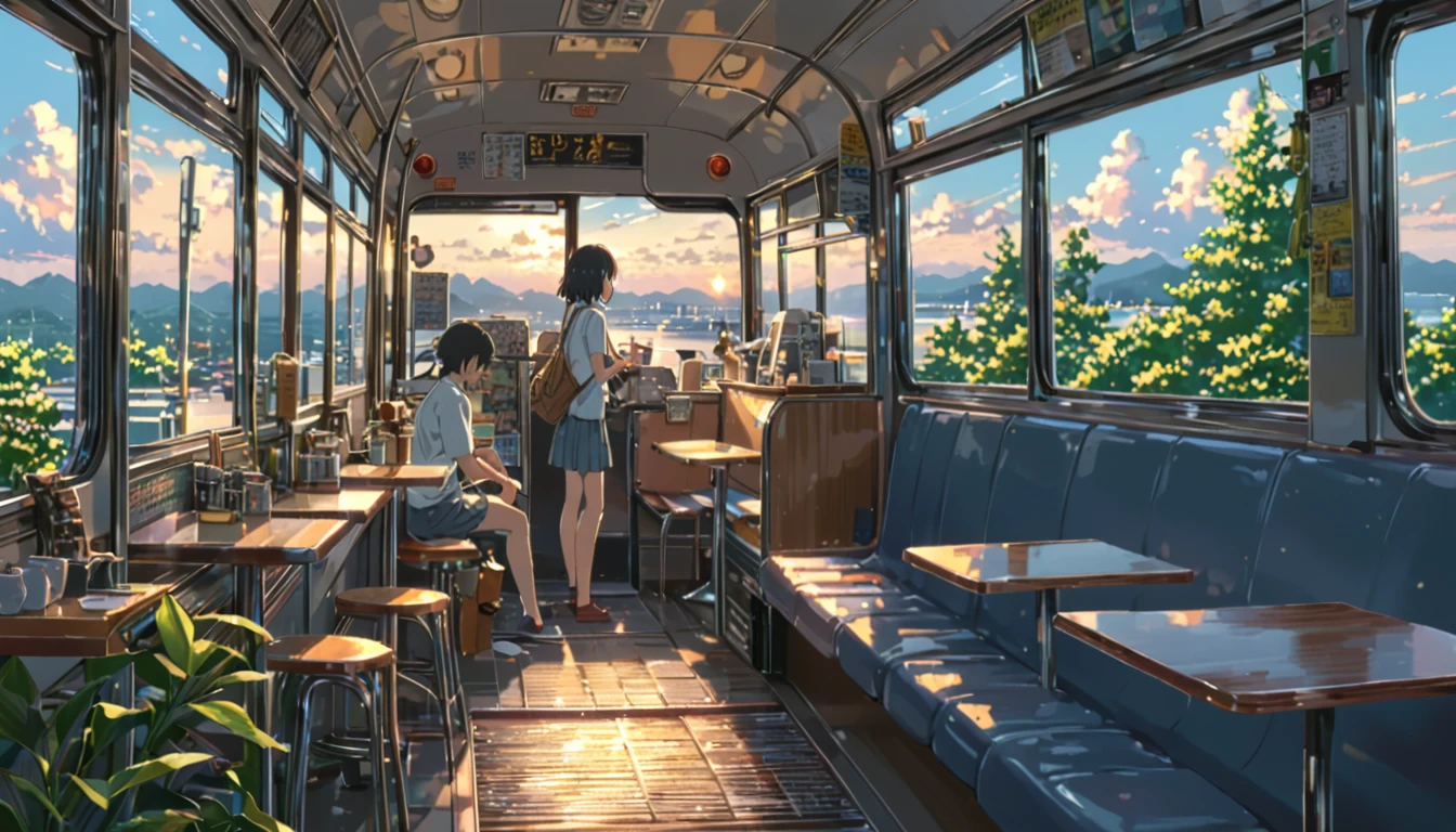 ((anime:1.4,illustration)),(masterpiece, top quality, best quality),(ultra-detailed, absolutely resolution),((16k, high res)), (((cafe in side of bus))), ((anime:1.4,illustration)),(masterpiece, top quality, best quality),(ultra-detailed, absolutely resolution),((16k, high res)). BREAK {lofi art, style of Laurie Greasley, style of Makoto Shinkai, anime aesthetic}, BREAK { (produces images with information than 40 million pixels with cinematic-like detailed textures shot on a Sony SLR).}