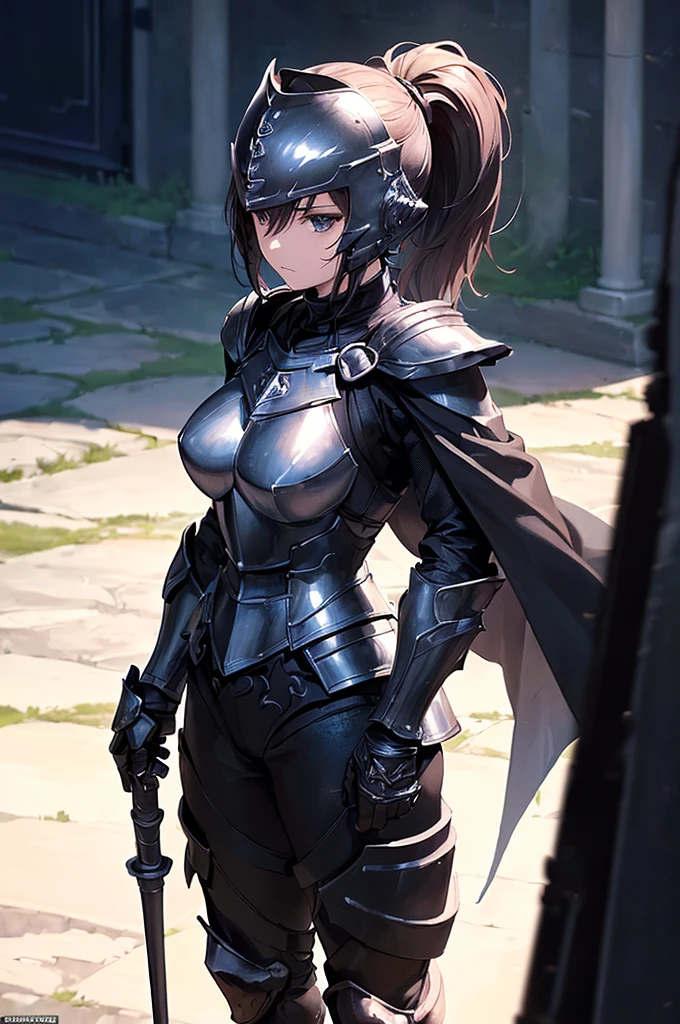 (masterpiece; best quality: 1.2), ((full armored knight woman)), ((solo)), (black eyes: 1.4), (body; toned, lithe, muscular: 1.3), (beautiful and clear background: 1.2), ((depth of field)), (equipment: full plate all-dark full-black realistic armor + closed helmet with ponytail + black cape: 1.3), (anime illustration: 1.2), (background composition; garden exterior + furniture: 1.1), (extremely fine and beautiful: 1.1), (shot composition; standing + centered on torso + close-up: 1.5)
