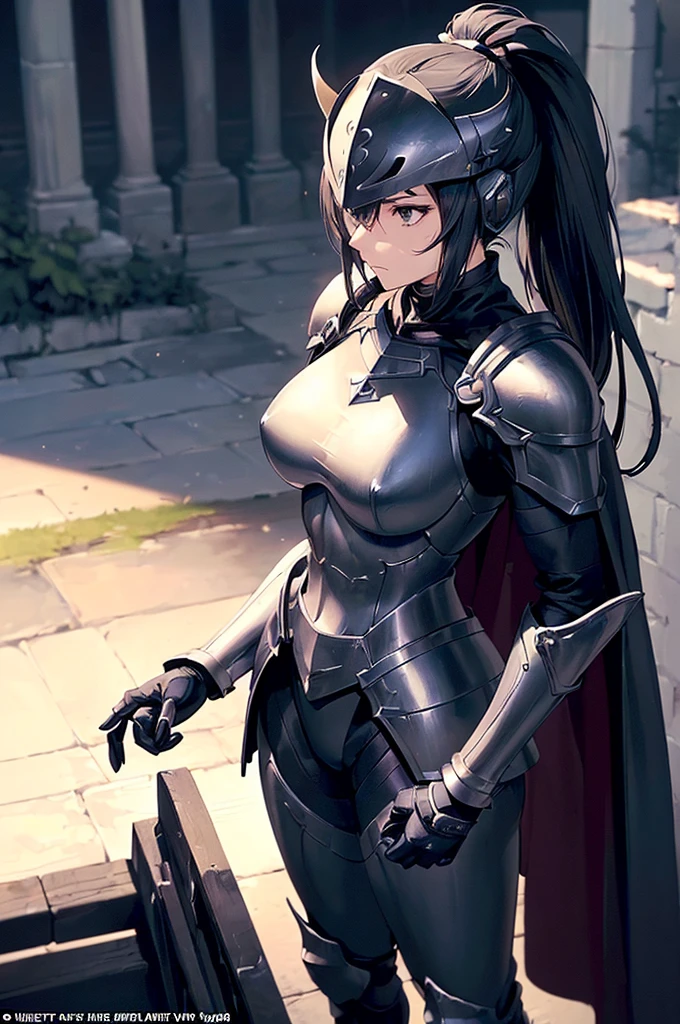 (masterpiece; best quality: 1.2), ((full armored knight woman)), ((solo)), (black eyes: 1.4), (body; toned, lithe, muscular: 1.3), (beautiful and clear background: 1.2), ((depth of field)), (equipment: full plate all-dark full-black realistic armor + closed helmet with ponytail + black cape: 1.3), (anime illustration: 1.2), (background composition; garden exterior + furniture: 1.1), (extremely fine and beautiful: 1.1), (shot composition; standing + centered on torso + close-up: 1.5)