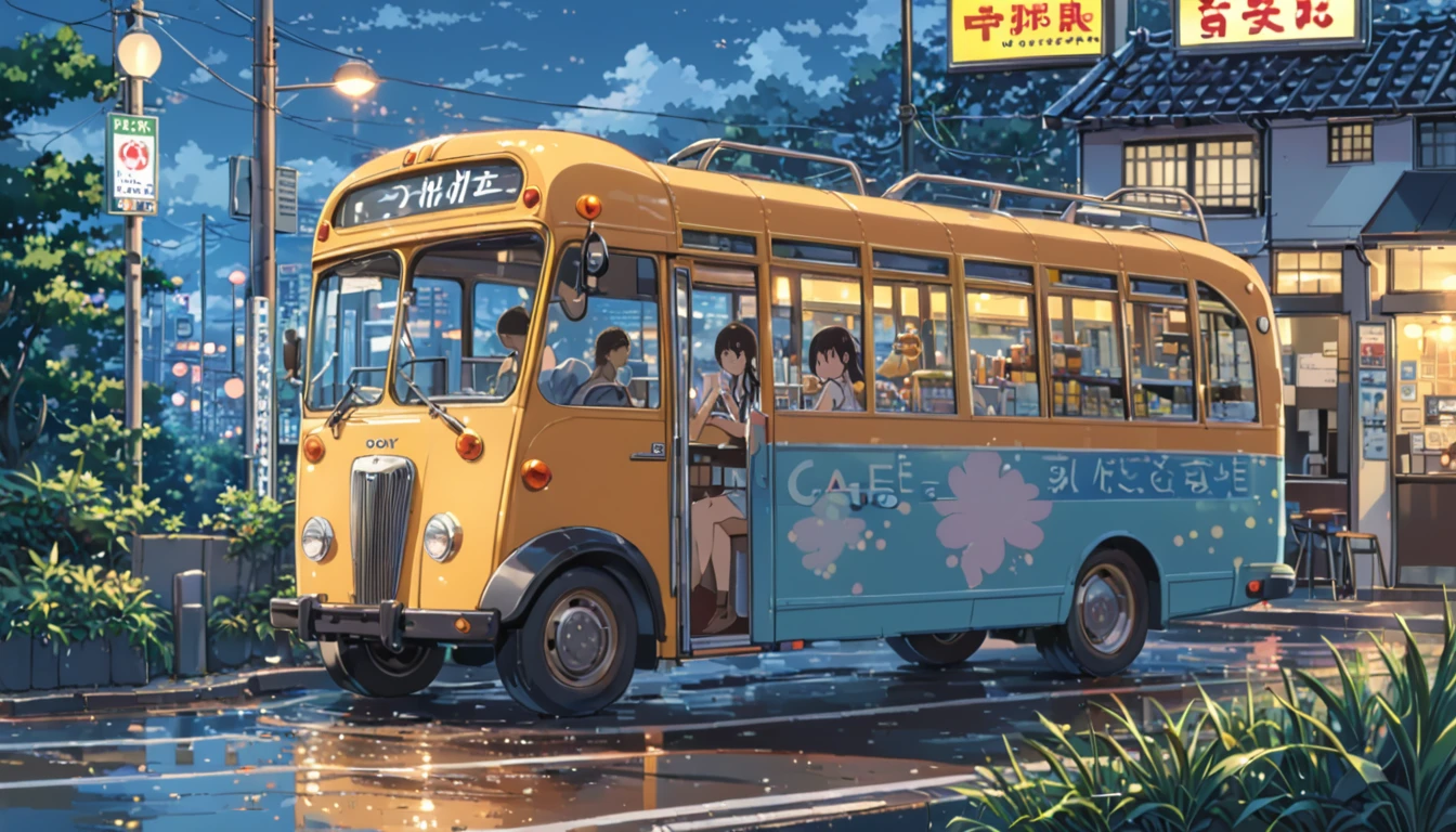 ((anime:1.4,illustration)),(masterpiece, top quality, best quality),(ultra-detailed, absolutely resolution),((16k, high res)), (((cafe in side of bus))), ((anime:1.4,illustration)),(masterpiece, top quality, best quality),(ultra-detailed, absolutely resolution),((16k, high res)). BREAK {lofi art, style of Laurie Greasley, style of Makoto Shinkai, anime aesthetic}, BREAK { (produces images with information than 40 million pixels with cinematic-like detailed textures shot on a Sony SLR).}