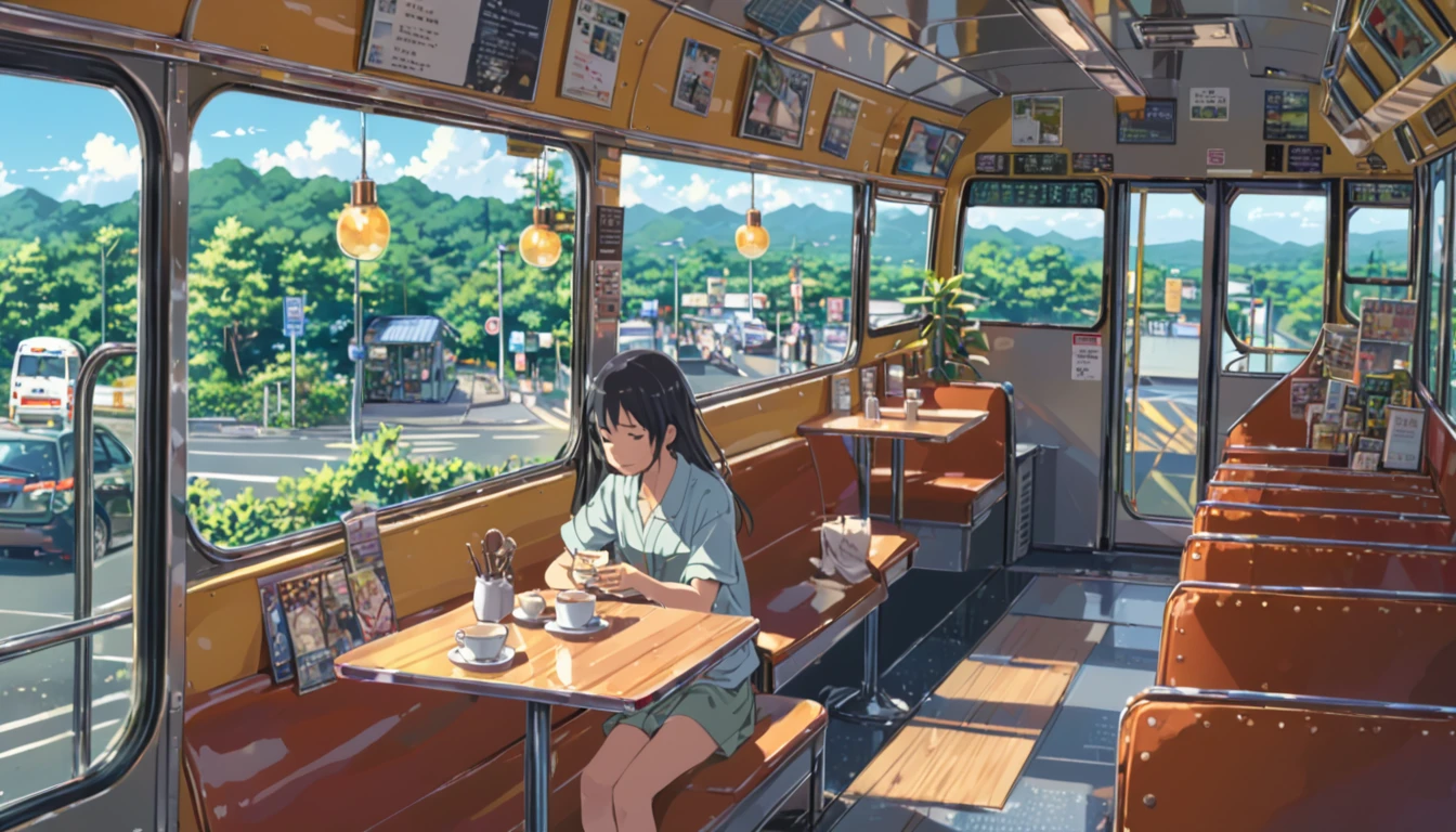 ((anime:1.4,illustration)),(masterpiece, top quality, best quality),(ultra-detailed, absolutely resolution),((16k, high res)), (((cafe in side of bus))), ((anime:1.4,illustration)),(masterpiece, top quality, best quality),(ultra-detailed, absolutely resolution),((16k, high res)). BREAK {lofi art, style of Laurie Greasley, style of Makoto Shinkai, anime aesthetic}, BREAK { (produces images with information than 40 million pixels with cinematic-like detailed textures shot on a Sony SLR).}