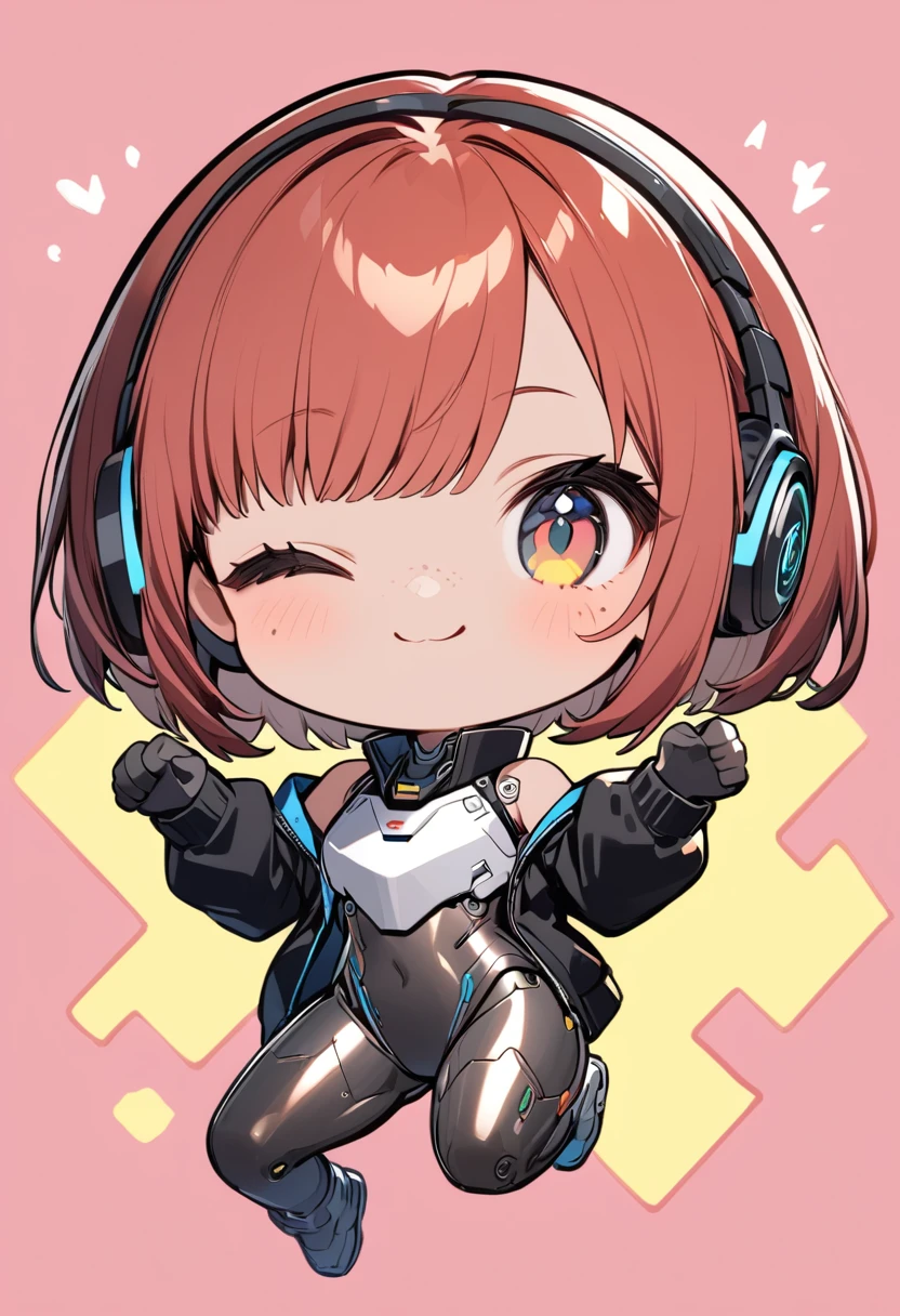 full body,1 girl, Android girl, cyberpunk, chibi emote, chibi character, jumping pose, (cute:1.3),red Hair, left eye yellow, right eye blue, tan skin, freckles{White breastplate, Black futuristic headphones, Mechanical black glossy metallic Bodysuit, Bare shoulders, oversized jacket, Glossy, shiny material}, jumping pose