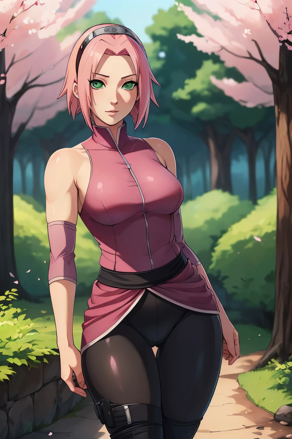 ((Ultra quality)), ((Masterpiece)), Sakura Haruno, Naruto, ((short pink hair)), (Beautiful cute face), (beautiful female lips), charming, ((sexy facial expression)), Look at the camera, eyes slightly open, (White skin color), (blue skin), glow on the body, ((beautiful detailed female eyes)), ((green eyes)), (juicy female lips), (black eyeliner), (beautiful female hands), ((Ideal female figure)), ideal female body, Beautiful waist, beautiful thighs, beautiful small breasts, ((subtle and beautiful)), lies tantalizingly (closeup of face), (Sakura Haruno, tight black leggings) bottom: hidden leaf town, Naruto shippuden, ((depth of field)), ((high quality clear image)), (clear details), ((high detail)), realistically, professional photo shoot, ((clear focus)), cheered up