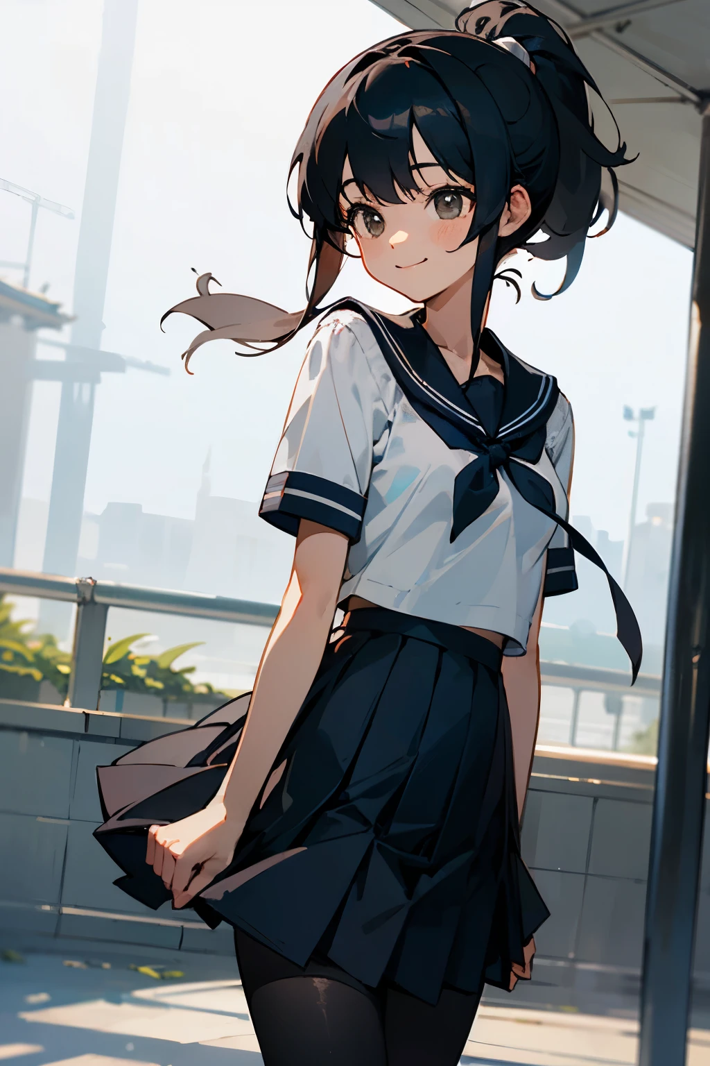 In the best quality、Teenage girl standing outdoors。In high resolution、Beautiful details、Quiet atmosphere。Black hair ponytail、Cute Smile.。Small breasts、Short-sleeved sailor uniform、Pleated skirt、Black tights。