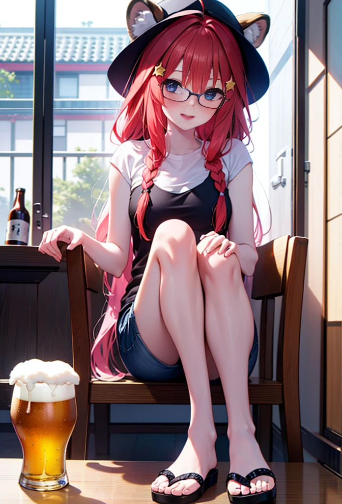 Satsuki Nakano, itsuki nakano, bangs, blue eyes, Hair between the eyes, Ahoge, Redhead, Long braids,Red-rimmed glasses,star \(symbol\), hair ornaments, smile,blush,star hair ornaments,Animal ears　 Raccoon Ears,raccoon tail,happy smile, smile, Open your mouth,blush,Drunk,White Hat,Red Tank Top,Shorts,Sandals,Beer and food on the table,Sitting in a chair,whole bodyがイラストに入るように,night,
break indoors, Izakaya,
break looking at viewer, whole body,
break (masterpiece:1.2), Highest quality, High resolution, unity 8k wallpaper, (figure:0.8), (Beautiful attention to detail:1.6), Highly detailed face, Perfect lighting, Highly detailed CG, (Perfect hands, Perfect Anatomy),