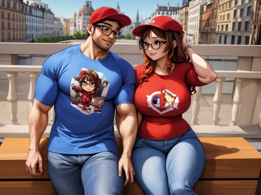 (masterpiece, best quality:1.2), a very muscular and athletic couple , boy Nino Lahiffe: Brown skin, dark hair, wearing a red cap, glasses, and casual clothing like a T-shirt and jeans, and a girl Alya Césaire: Brown skin, curly dark brown hair, often wears glasses, and typically seen in stylish, casual outfits. A casual day out with both characters in their everyday attire,Sharing a tender moment, like sitting on a rooftop overlooking Paris..(girl and boy:1), smiling, ((high resolution illustration)), ((extremely detailed)) Alya and Nino, muscular detailed bodies, powerful and dynamic poses, intimate embrace, romantic lovers, expressive faces with beautiful eyes, lips and skin, dramatic lighting, cinematic composition, epic fantasy landscape background, warm color tones, dramatic lighting, (best quality,4k,8k,highres,masterpiece:1.2),ultra-detailed,(realistic,photorealistic,photo-realistic:1.37),dramatic lighting,dramatic cinematic composition,fantasy landscape