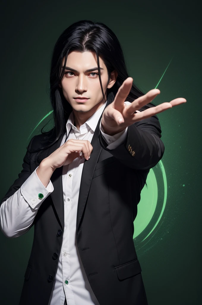 Boy shiryu long black hair outstretched hand Green eyes Business clothing Black background