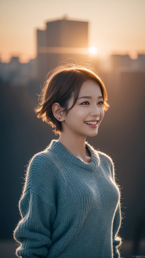 masterpiece, highest quality, official art, Highly detailed CG Unity 8K wallpaper, single girl, ultra high resolution, (realistic: 1.4), golden hour lighting, sweater dress, (Upper body), (K-POP idol), (attractive: 1), (Platinum Short Hair: 0.8), ((puffy eyes)), looking at the viewer, facing forward, smile, laughter,middle chest, shirt lift, gloves,short hair, ( Blue dog ears),