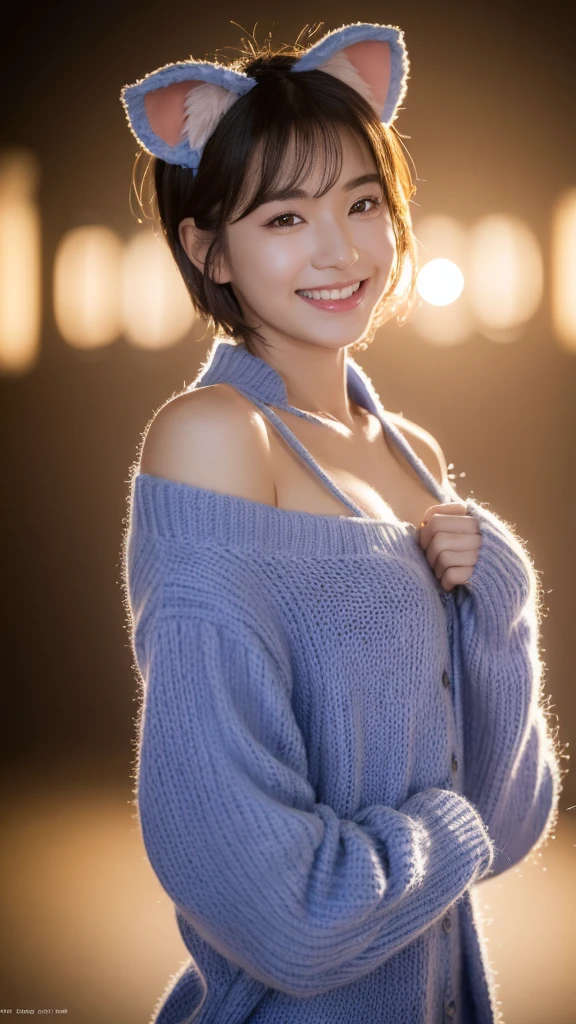 masterpiece, highest quality, official art, Highly detailed CG Unity 8K wallpaper, single girl, ultra high resolution, (realistic: 1.4), golden hour lighting, sweater dress, (Upper body), (K-POP idol), (attractive: 1), (Platinum Short Hair: 0.8), ((puffy eyes)), looking at the viewer, facing forward, smile, laughter,middle chest, shirt lift, gloves,short hair, ( Blue dog ears),