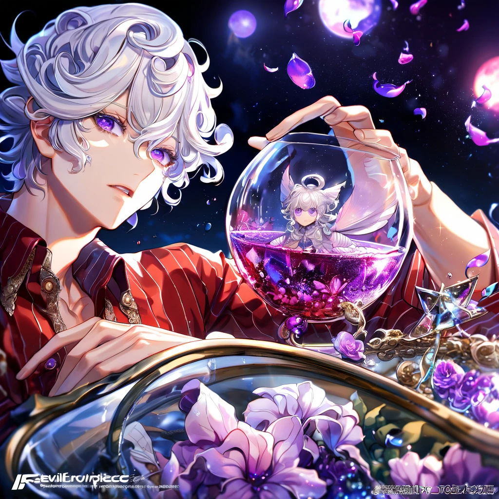 absurdres, highres, ultra detailed, HDR, master piece, best quality, extremely detailed, Alcor, white curly hair, expressive purple eyes, white eyelashes, Devil Survivor, solo, sexy man, handsome, red shirt and black striped, magical, fantasy, glittering, sparkling, glass, purple flowers, purple petals, water, purple moon