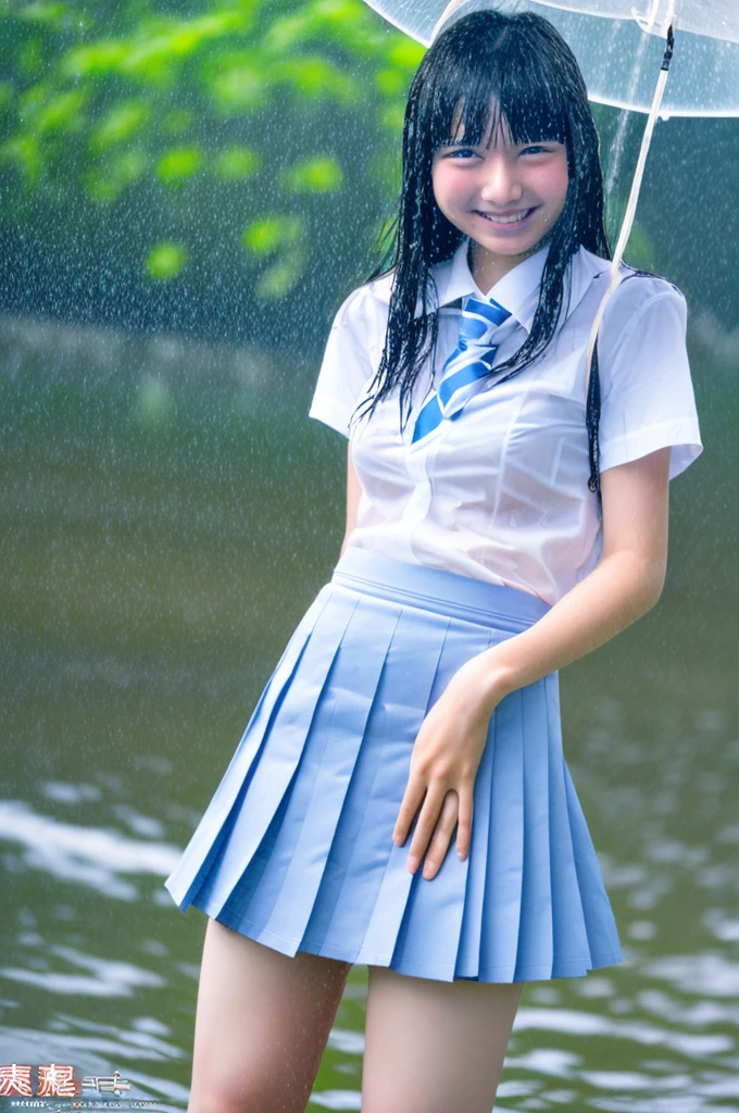 the Extremely Detailed CG Unity 8K Wallpapers、top-quality、ultra-detailliert、​masterpiece、realisitic、Photo Real、extremely detailed cute girl、18year old、(High school student in Japan uniform)、red blush、cparted lips、looking at the viewers、Semi-body shot、(Scenery of the rainy season)、(Japan high school uniform and designated shoes)、(short plaid skirt:1.5)、(Short sleeve white shirt for students)、 (neck tie:1.2)、(light brown random hair)、(beauitful face:1.3)、(perfectly proportions:1.2)、(Long feet:1.2)、(small tits:1.3)、(Textured skin)、Looks Back、over the shoulder view、focused shot、((Blouse wet from rain、The brusher can see through))、(The bra on the back shows through)、smirk grin、(((wetting hair、wetted skin)))、((The upper part of the body))、Angle from above、((Sheer))