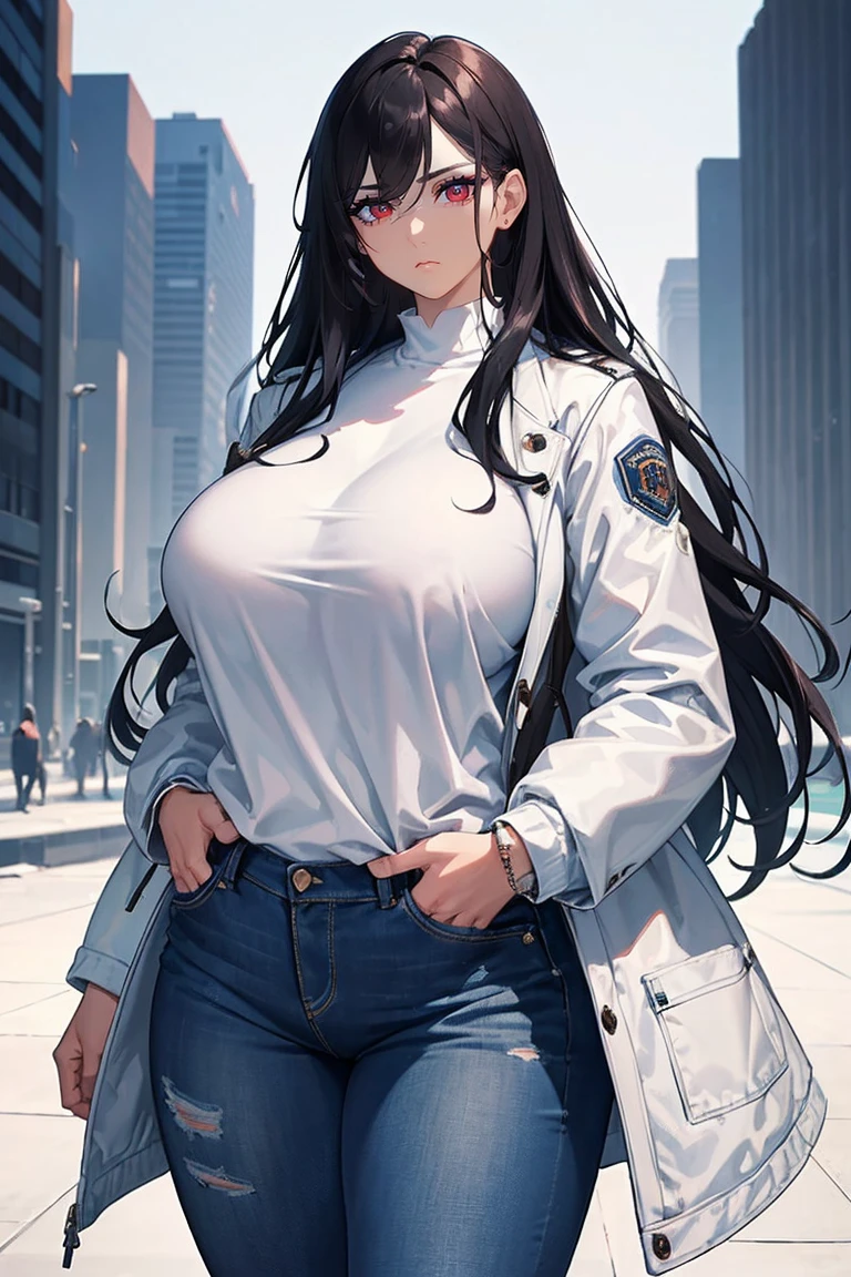 (Uhd, Masterpiece, Textured Skin, Super Detail, High Details, High Quality, Best Quality), Detailed Face, 1woman, mature pretty woman, (Huge Body:1.5), (black hair, long hair), (white winter jacket, jeans, hands in pocket), standing