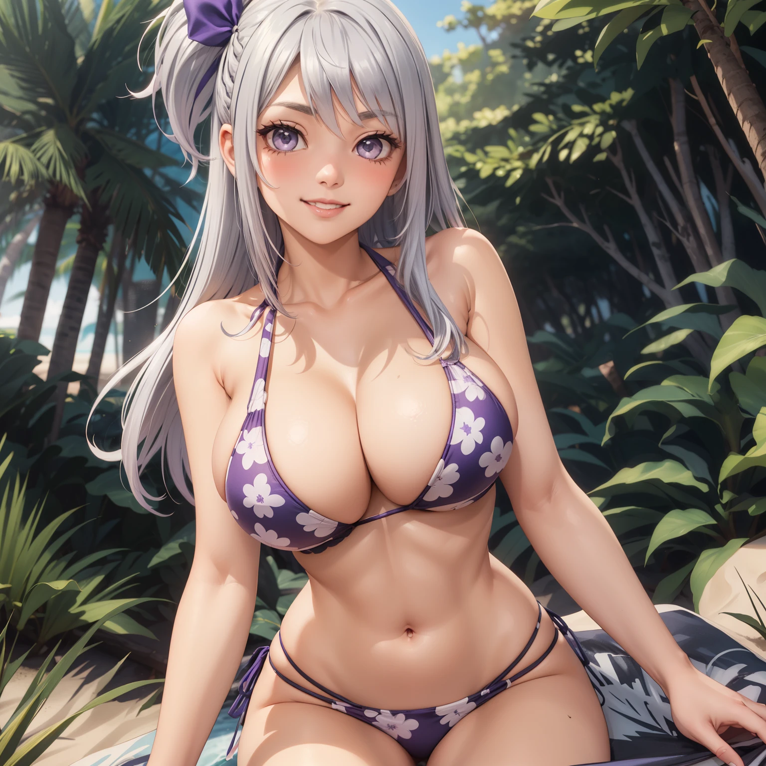 S'yne Lokk , 25 year old woman, short silver hair. silver eyes, shy smile, big breasts, a violet ribbon on her head, big breasts, Bikini, background a beach. 1 sola mujer, mujer sola. de pie,