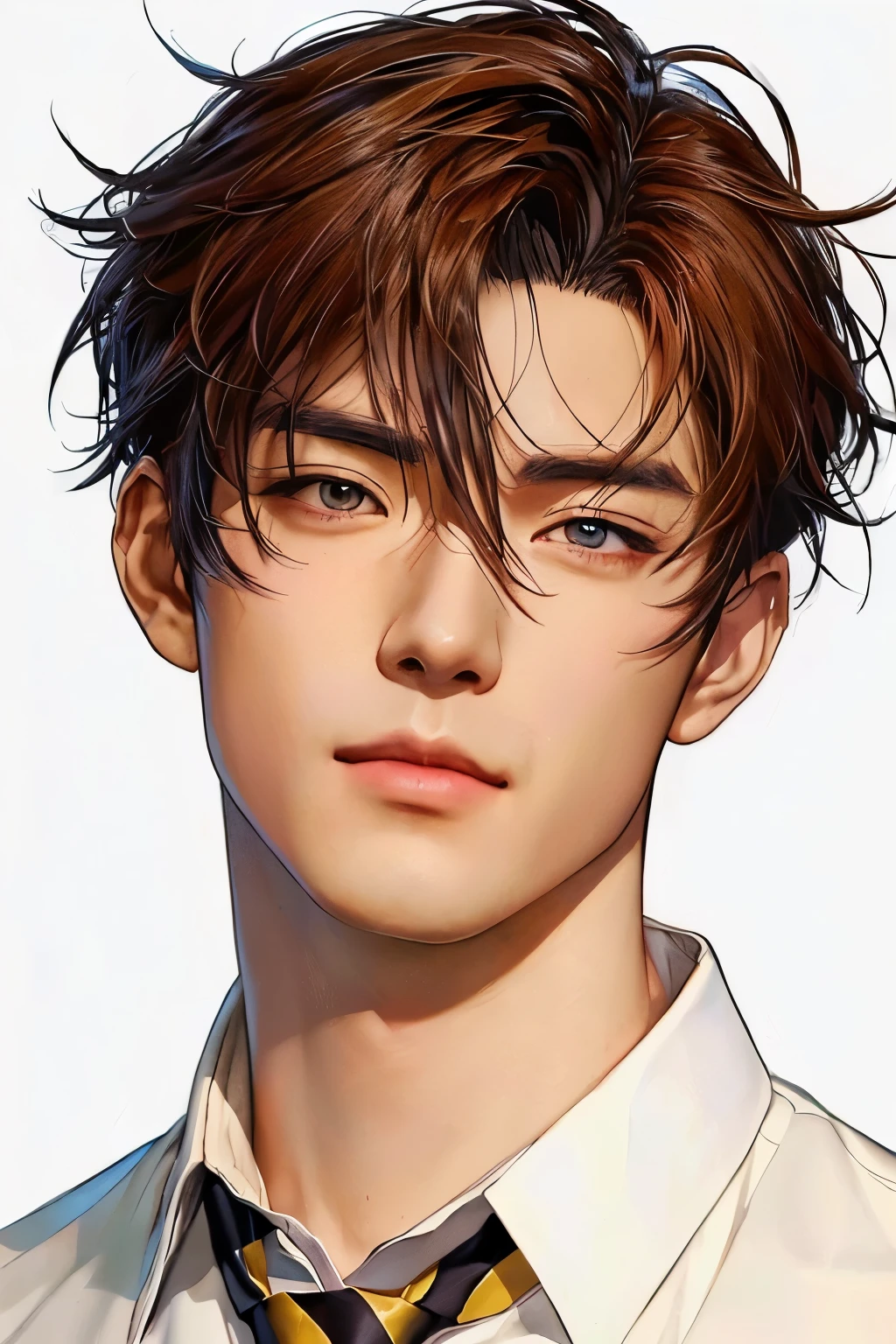 there is a man with a tie and shirt on, awesome anime face portrait, handsome boy in Demon Slayer art, anime realism style, realistic anime art style, realistic anime art style, Kawaii realistic portrait, anime portrait of a handsome man, Male anime style, anime style portrait, digital anime illustration, high quality portrait, Detailed anime character art, male anime character