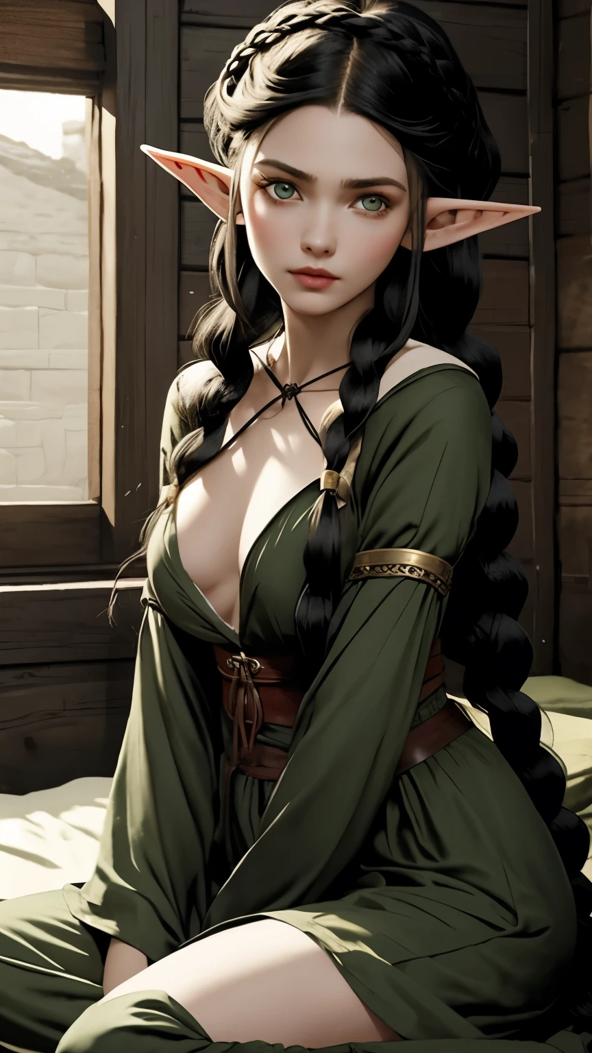 an elf girl with long braided black hair, elf ears, big round green eyes, thin lips, round face, small breasts, delicate and beautiful sitting on a bed, in a room in a tavern, wearing archer clothes
