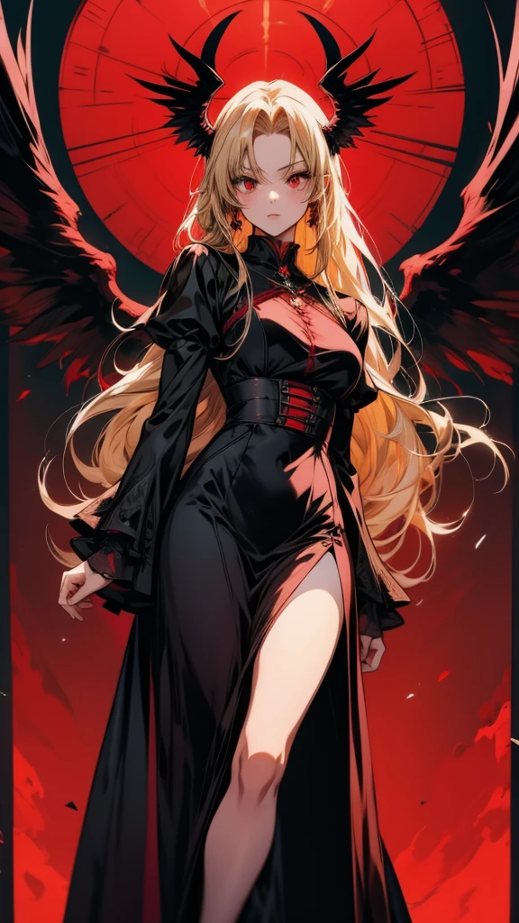anime, anime girl, Gray Hair, Red eyes, Black Dress, Red wings, Red wings, Red wings, Red wings, Red wings, Red wings,, gothic maiden anime girl, anime style 4 k, blonde anime girl with long hair, anime fantasy artwork, anime girl with long hair, anime art wallpaper 4k, anime art wallpaper 4 k, demon anime girl