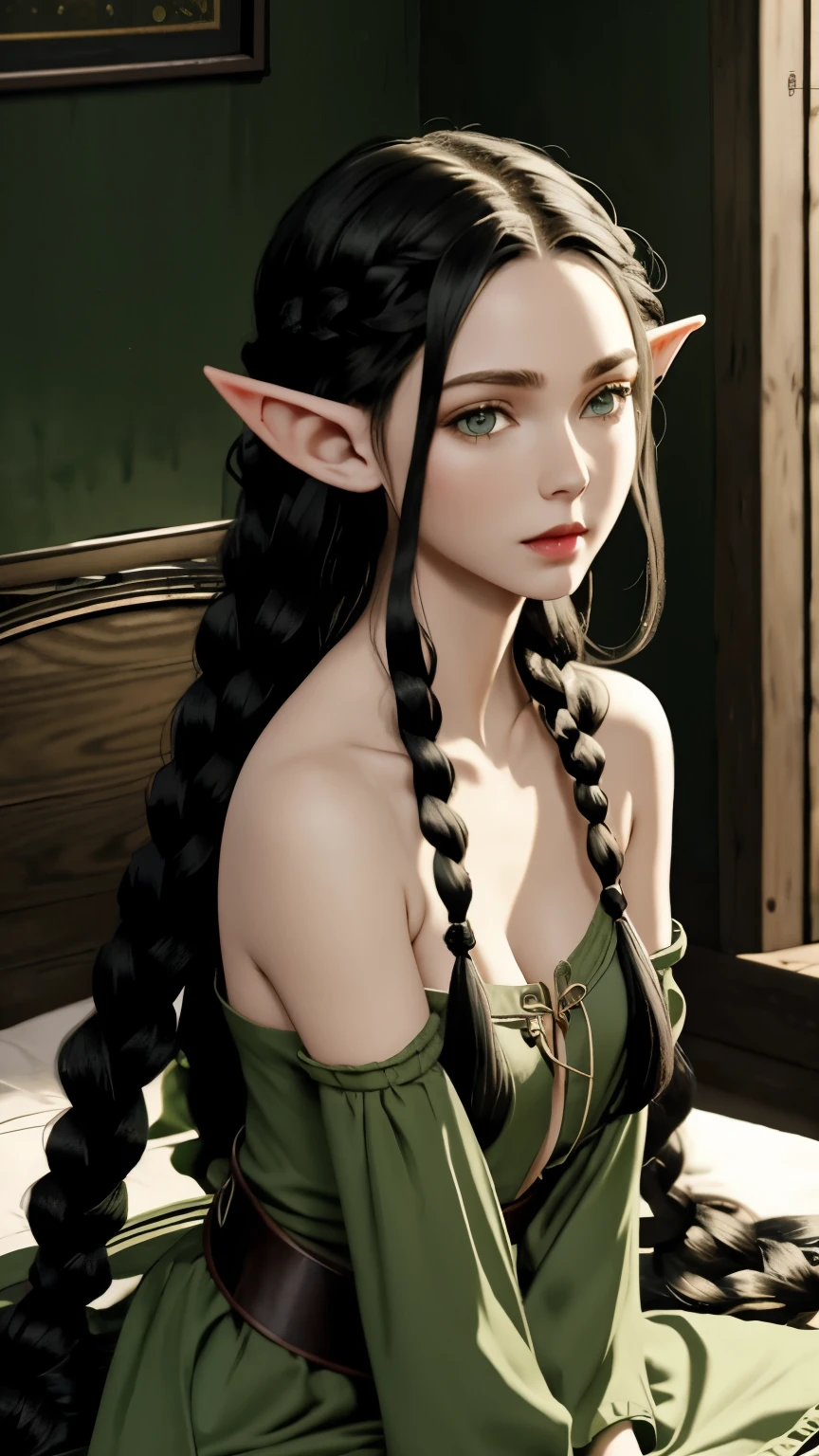 an elf girl with long braided black hair, elf ears, big round green eyes, thin lips, round face, small breasts, delicate and beautiful sitting on a bed, in a room in a tavern, wearing archer clothes