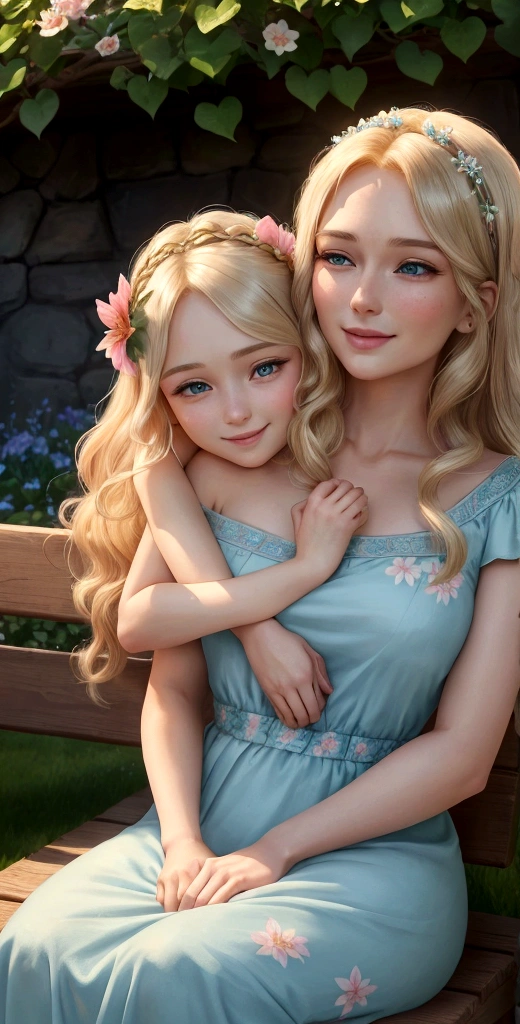 Lily's beautiful mother, Anna, joins her on the bench. Anna, who appears older with gentle wrinkles around her warm green eyes and a serene expression, has long, wavy blond hair and wears a pink dress with a floral pattern. She looks lovingly at Lily, who has long blond hair, sparkling blue eyes, and wears a light blue dress adorned with small flowers. The bond between them is evident as they share a moment of quiet joy. The sun shines brightly, and the garden is in full bloom. (good quality:1.2), (Ultradetailed:1.2), (ultradetailed face:1.2), (ultradetailed body:1.2)