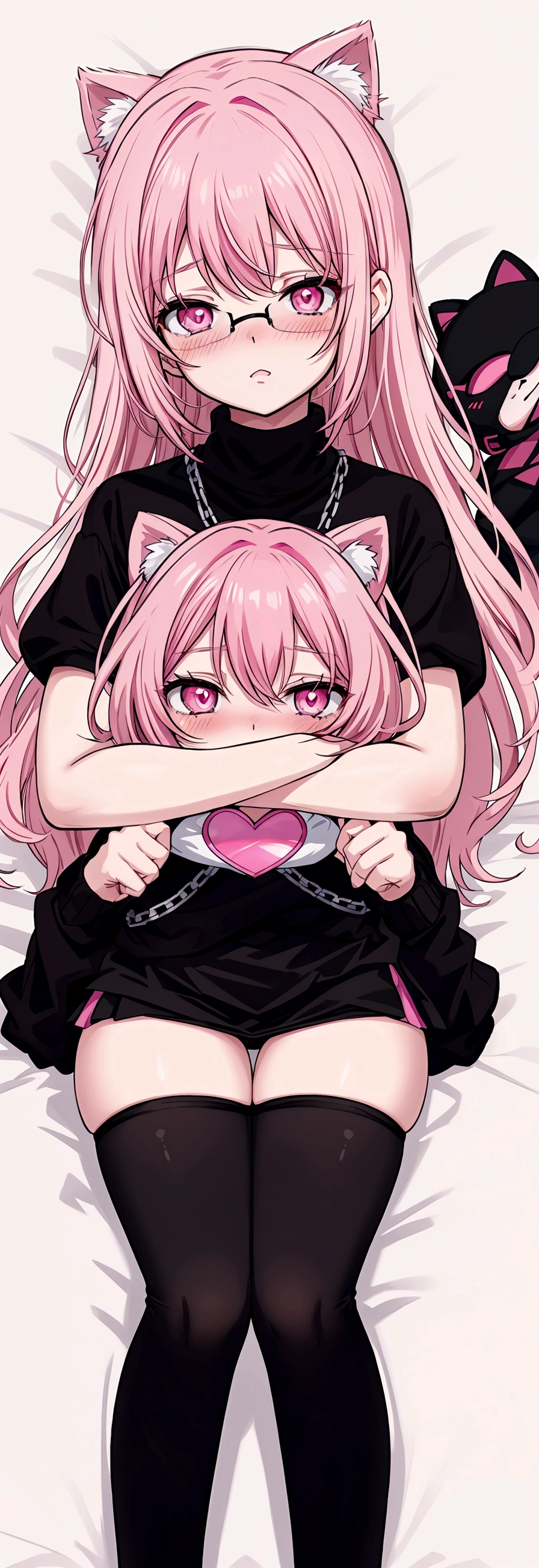 pink hair black glasses pink eyes extremely blushing a big pink sweater a short black skirt at the waist some chains black stockings that she is a reserved girl in her bed that she is hugging a stuffed animal of one among her