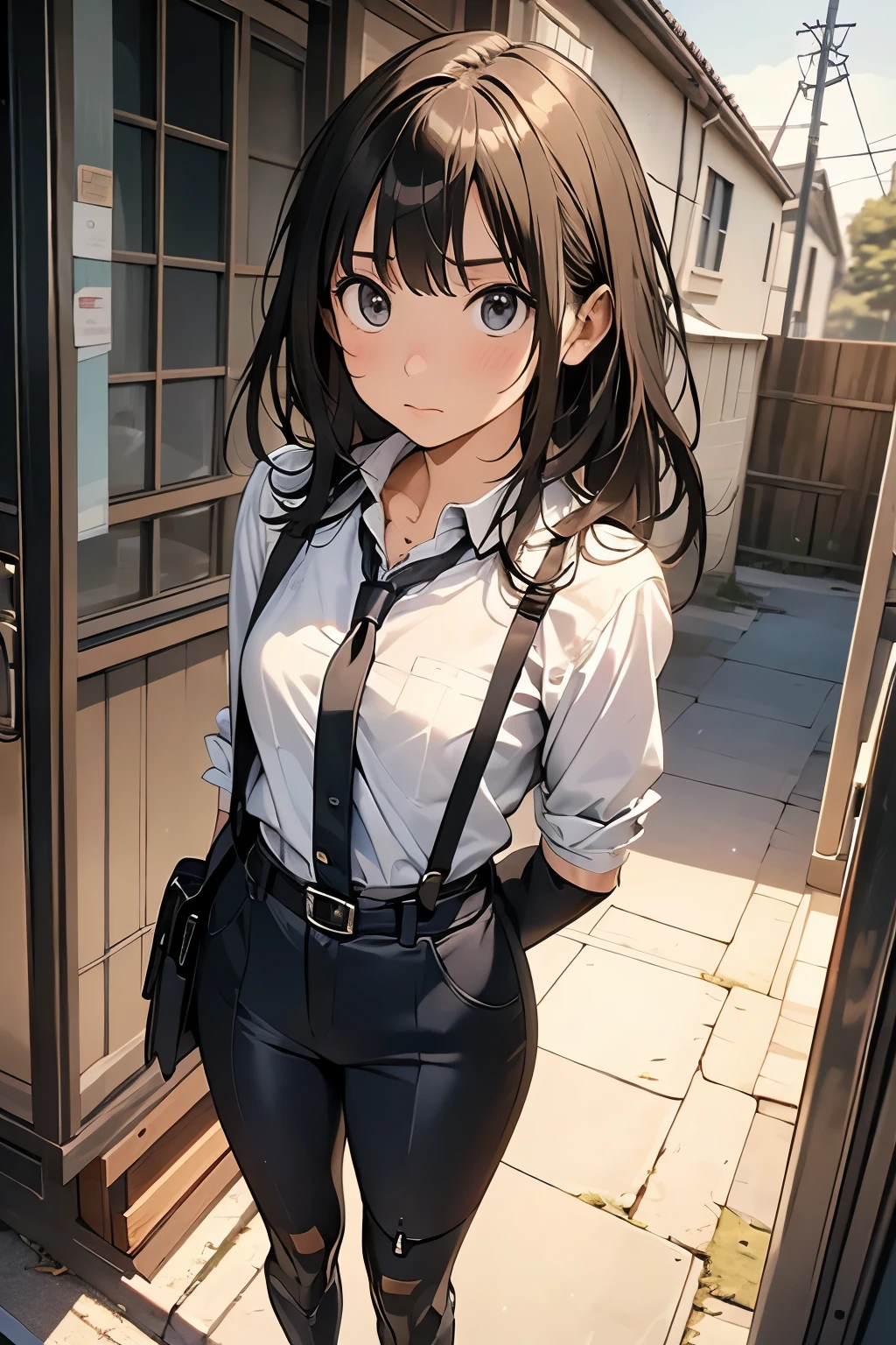 high quality, masterpiece, Ultra-high resolution, (realism: 1.4), Oil painting style, Cinema Lighting, An endless grassland dotted with a few houses, I stood on the empty asphalt road and looked at it., Fairy Mountain々was shrouded in mist, And the suspenders with the cranes flying Moderate breasts Small face holster Lying in bed Looking up Sweat belt summer 脇Sweat Black Hole Gloves suit shirt Black jacket Black trousers Leg Links ズボンにbelt holster Hands behind your back Anxious expression Looking up Anxious face profile Cable tie on wrist Rope on wrist Duct tape on wrist