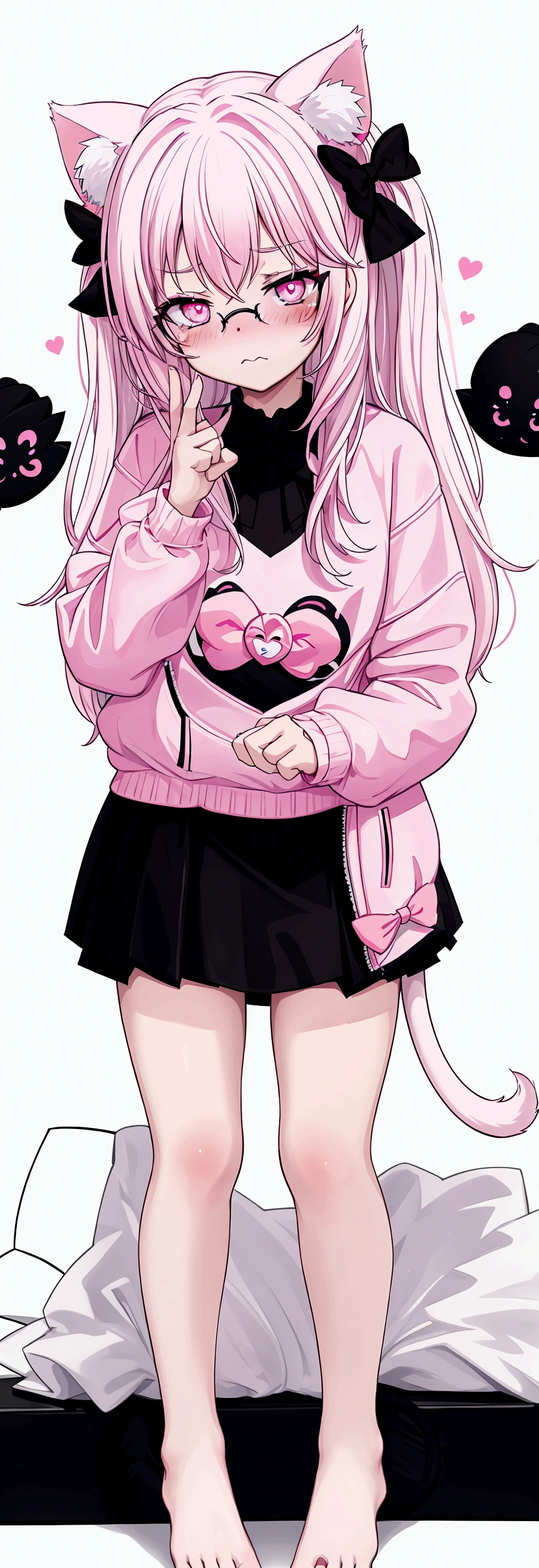 I have white pink hair, cat ears, a bow, my face is super blushing, black glasses, pink heart eyes, a big pink sweatshirt, a black skirt, black stockings, what&#39;s up, barefoot, a cat&#39;s tail, a girl Very shy