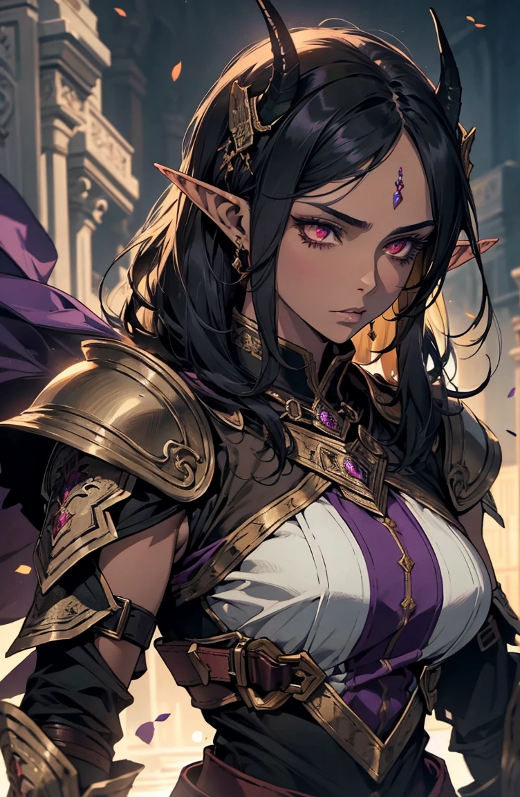 brown skin, older woman, sexy, tall, brown skin, bored, one wing, black hair, elf, elf ears, horns, red eyes, sleeveless, black armor, yellow, night, dramatic composition, purple