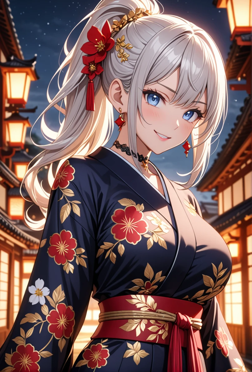 ((One personの女性)), Beautiful Face, (Laughing embarrassedly), ((smirk:1.2)), ((Wink:1.6)), (head tilt:1.3), upper teeth, looking at viewer, ((full-face brash:1.5)), ((Big Breasts:1.3)), night,Countryside landscape, Glossy Red Lips, (Shining Face), ((Black long sleeve kimono:1.8)), ((Anime style background)),masterpiece, Highest quality, so beautiful,up to date, Complex details, (Pink long nails), (nail art), (ring),(bracelet),(Floral choker), AI-generated, Complex,High resolution, Highest quality, super high quality,3D Images、3D Images,One person,Long white hair,High Ponytail, Anime woman posing for a photo, ((silver eyes:1.3)), ((Fine grain、blue eyes、Shining Eyes:1.3)), (Squint your eyes:1.1),a hyperRealistic , hyperRealistic , Realistic,Anime woman with long white hair, Smooth anime CG art, (A woman in a colorful kimono with gold embroidery),(Red floral pattern),Long flower hair ornament,Earrings,Mature Body,Abdominal muscles,Tight waist, ((Zoom in on face:1.8)), (front view:1.3),