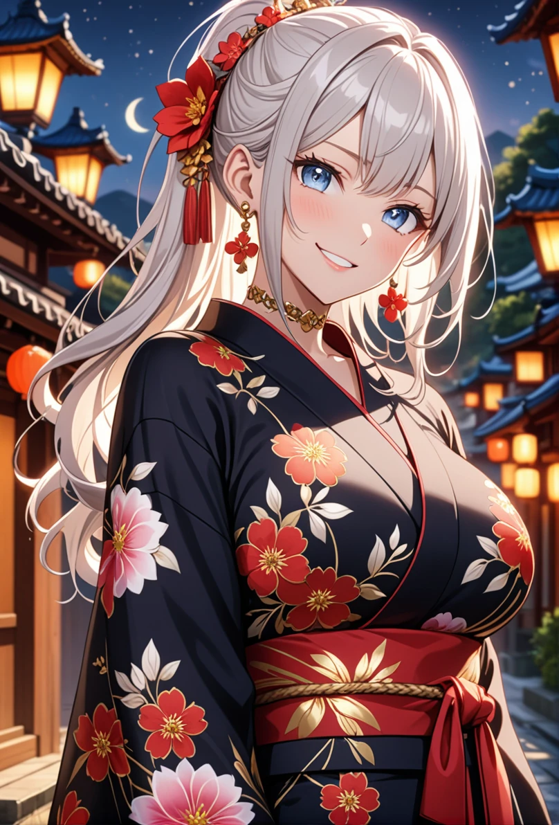 ((One personの女性)), Beautiful Face, (Laughing embarrassedly), ((smirk:1.2)), ((Wink:1.6)), (head tilt:1.3), upper teeth, looking at viewer, ((full-face brash:1.5)), ((Big Breasts:1.3)), night,Countryside landscape, Glossy Red Lips, (Shining Face), ((Black long sleeve kimono:1.8)), ((Anime style background)),masterpiece, Highest quality, so beautiful,up to date, Complex details, (Pink long nails), (nail art), (ring),(bracelet),(Floral choker), AI-generated, Complex,High resolution, Highest quality, super high quality,3D Images、3D Images,One person,Long white hair,High Ponytail, Anime woman posing for a photo, ((silver eyes:1.3)), ((Fine grain、blue eyes、Shining Eyes:1.3)), (Squint your eyes:1.1),a hyperRealistic , hyperRealistic , Realistic,Anime woman with long white hair, Smooth anime CG art, (A woman in a colorful kimono with gold embroidery),(Red floral pattern),Long flower hair ornament,Earrings,Mature Body,Abdominal muscles,Tight waist, ((Zoom in on face:1.8)), (front view:1.3),