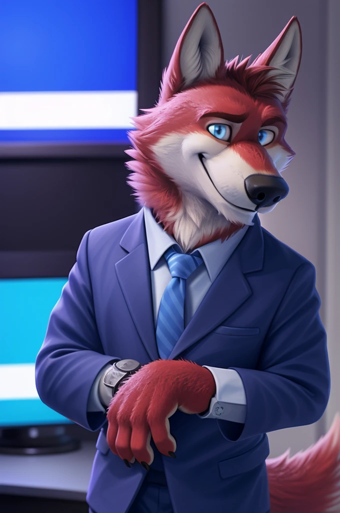 Ivan Fedorovich Wolfbach (Novosibirsk) ,tall handsome, wolf,young, 24 years, brown fur,Kind,(red body:1.3),beautiful blue eyes,Novosibirsk,dressed, Blue jacket, shirt, tie, blue pants, wolf, detailed fur, male,paw pads, finger claws,At the viewer, 5 fingers, paws, 5 fingers, smile, wrist watch, т nextel,by xenoforge, (difficult, high detail, digital photography, soft focus, RAW variety близко к камере, variety,Novosibirsk, smile, good mood, positive, Very close to the camera,presenter Moscow, TV channel Russia 1,lead photorealism, realistic, digital style, Subsurface scattering,looks at the squares, News studio, a good mood, funny, super
masterpiece, Best quality, ultra realistic, 8 thousand.)