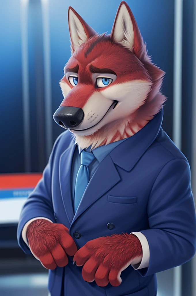 Ivan Fedorovich Wolfbach (Novosibirsk) ,tall handsome, wolf,young, 24 years, brown fur,Kind,(red body:1.3),beautiful blue eyes,Novosibirsk,dressed, Blue jacket, shirt, tie, blue pants, wolf, detailed fur, male,paw pads, finger claws,At the viewer, 5 fingers, paws, 5 fingers, smile, wrist watch, т nextel,by xenoforge, (difficult, high detail, digital photography, soft focus, RAW variety близко к камере, variety,Novosibirsk, smile, good mood, positive, Very close to the camera,presenter Moscow, TV channel Russia 1,lead photorealism, realistic, digital style, Subsurface scattering,looks at the squares, News studio, a good mood, funny, super
masterpiece, Best quality, ultra realistic, 8 thousand.)