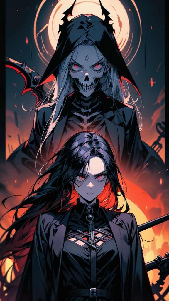 A painting of a girl holding a scythe and a skeleton, Daughter of death, Goddess of Death, The crazy girl brings death, Anime fantasy artwork, grim Reaper, Gap Moe Yandere Grimdark, Death of a woman, reminded me of the grim Reaper, Spectacular artwork of anime, fantasy scythe, Nightcore, Spectacular anime style, Anime Skull Woman Portrait