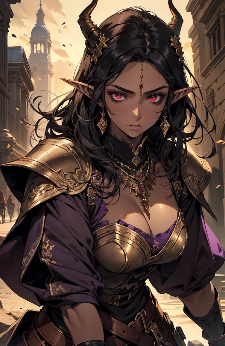 brown skin, older woman, sexy, tall, brown skin, bored, one wing, black hair, elf, elf ears, horns, red eyes, sleeveless, black armor, yellow, night, dramatic composition, purple necklace