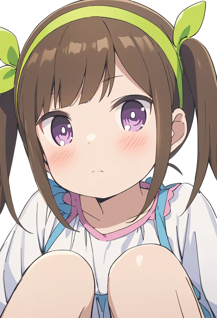 futaba,1girl,solo, brown hair, hairband, purple eyes, blush,looking at viewer, closed mouth, bangs, dress, green hairband,dress,twintails, white background, sitting, knees up, (white panties:1.35)
