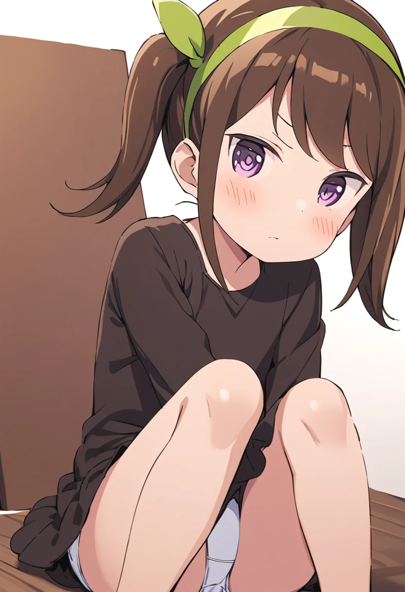 futaba,1girl,solo, brown hair, hairband, purple eyes, blush,looking at viewer, closed mouth, bangs, dress, green hairband,dress,twintails, white background, sitting, knees up, (white panties:1.35)
