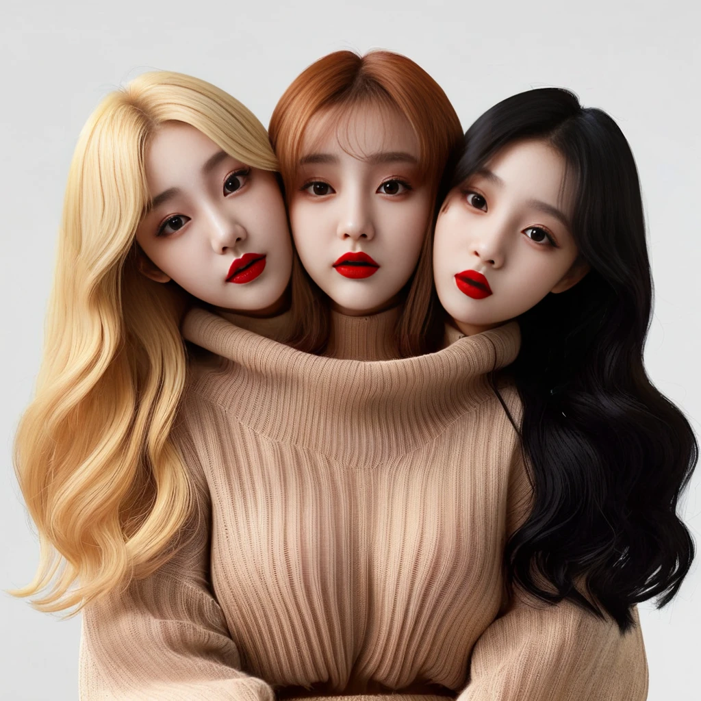 Best resolution, 2heads, young korean woman with three heads, red lipstick sweater turtleneck, different faces