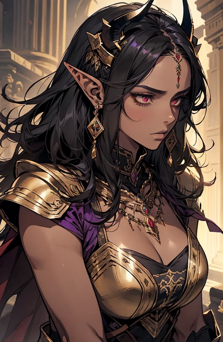 brown skin, older woman, sexy, tall, brown skin, bored, one wing, black hair, elf, elf ears, horns, red eyes, sleeveless, black armor, yellow, night, dramatic composition, purple necklace