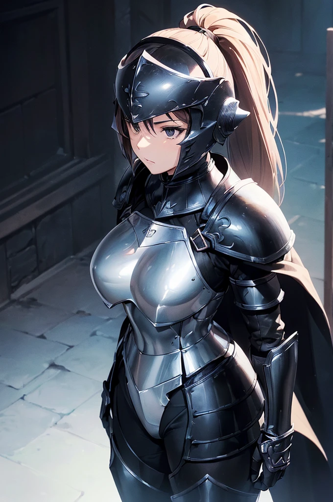 (masterpiece; best quality: 1.2), ((full armored knight woman)), ((solo)), (black eyes: 1.4), (body; toned, strong, femenine: 1.3), (beautiful and clear background: 1.2), ((depth of field)), (equipment: full plate all-dark full-black realistic armor + closed helmet with ponytail + black cape: 1.3), (anime illustration: 1.2), (background composition; garden exterior + furniture: 1.1), (extremely fine and beautiful: 1.1), (shot composition; standing + centered on torso + close-up: 1.5)