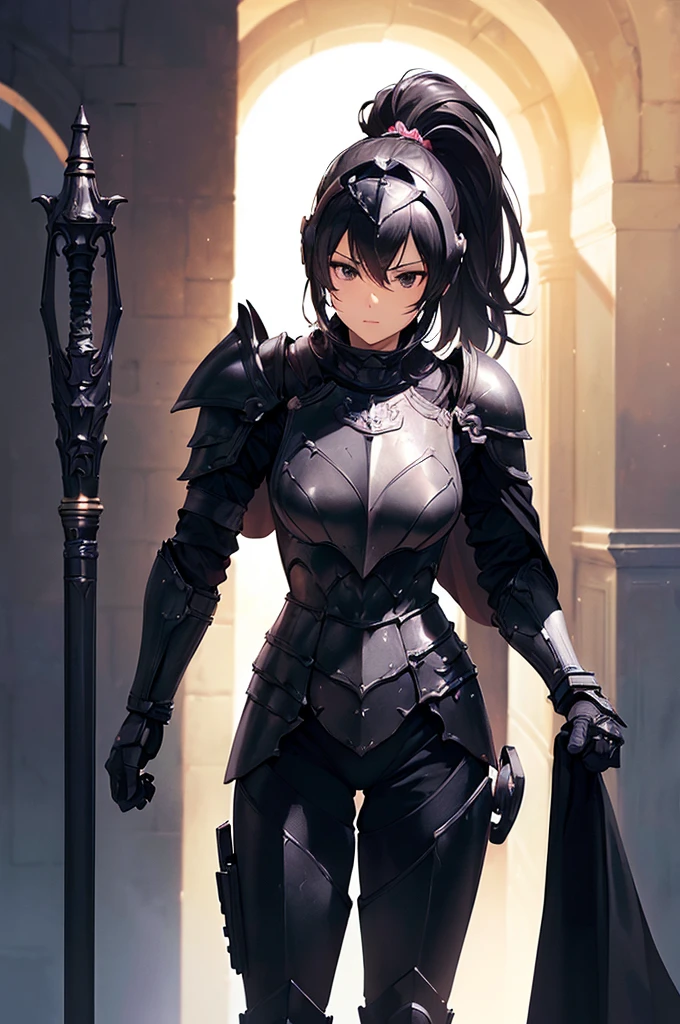 (masterpiece; best quality: 1.2), ((full armored knight woman)), ((solo)), (black eyes: 1.4), (body; toned, strong, femenine: 1.3), (beautiful and clear background: 1.2), ((depth of field)), (equipment: full plate all-dark full-black realistic armor + closed helmet with ponytail + black cape: 1.3), (anime illustration: 1.2), (background composition; garden exterior + furniture: 1.1), (extremely fine and beautiful: 1.1), (shot composition; standing + centered on torso + close-up: 1.5)