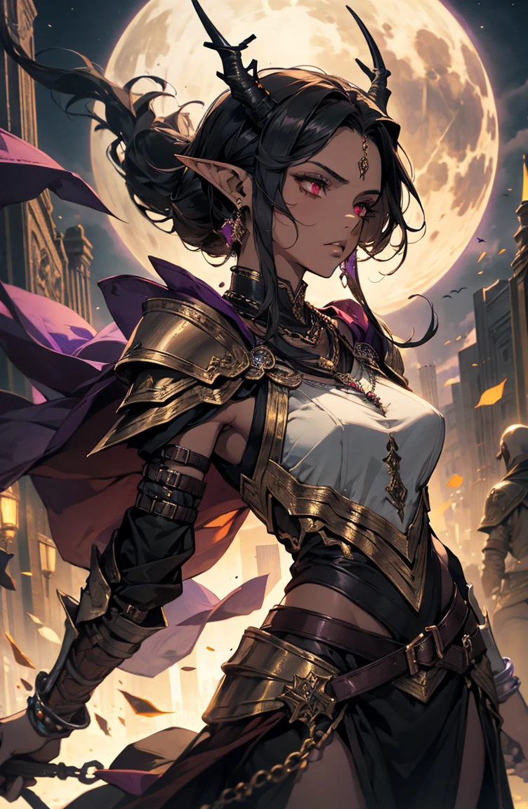 brown skin, older woman, sexy, tall, brown skin, bored, one wing, black hair, elf, elf ears, horns, red eyes, sleeveless, black armor, yellow, night, dramatic composition, purple necklace
