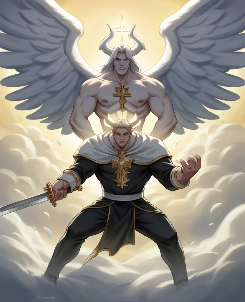 
a painting of a man holding a sword and a sword with a winged figure, digital art by Bernard Meninsky, tumblr, renaissance, saint michael the angel, archangel michael, archangel, jesus christ fighting lucifer, totalitarian socialist angel, lucifer, oil canvas of lucifer, angel protecting man, biblical accurate angel, of lucifer, angels vs demons, epic biblical depiction