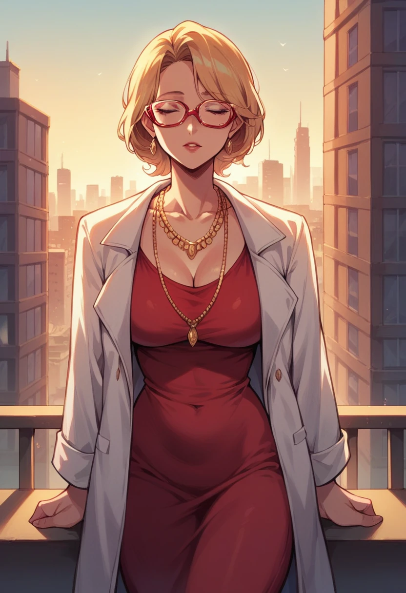 blonde woman, milf red dress, golden necklaces, white jacket, red glasses, city, morning