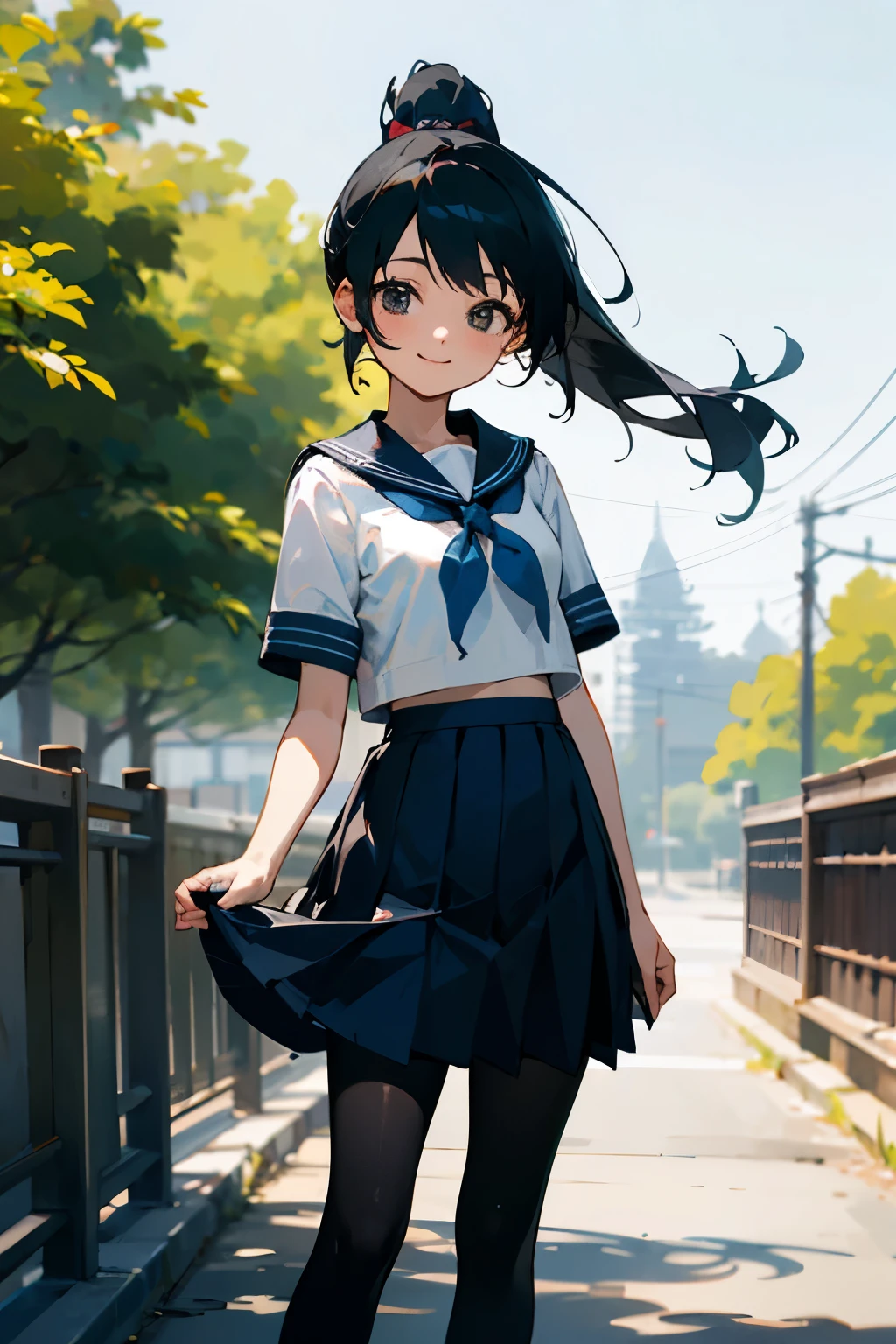 In the best quality、Teenage girl standing outdoors。In high resolution、Beautiful details、Quiet atmosphere。Black hair ponytail、Cute Smile.。Small breasts、Short-sleeved sailor uniform、Pleated skirt、Black tights。